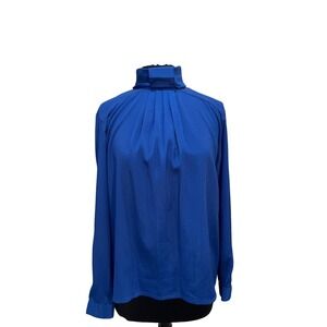 Oscar de la Renta Expressions Royal Blue Mock Neck Pleated Vintage Blouse 12